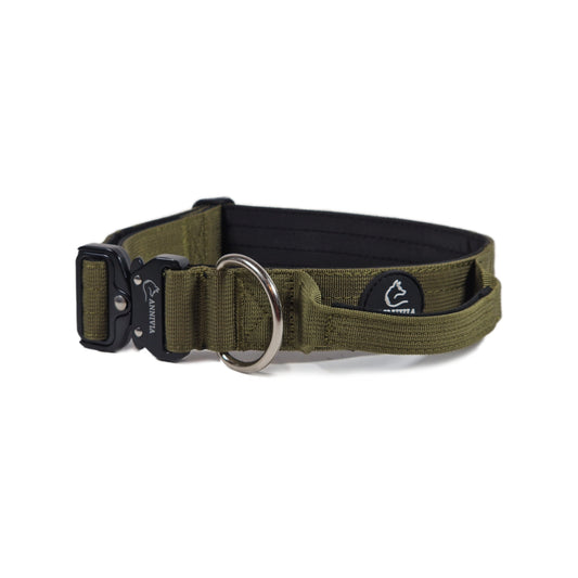 aktiskā suņu kakla siksna ar rokturi un neoprēna polsterējumu, armijas zaļa krāsa, 4 cm platums