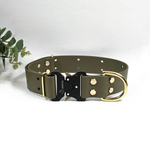 Biothane zelta Elegance suņu kakla siksna 38 mm plata, military olive krāsa.