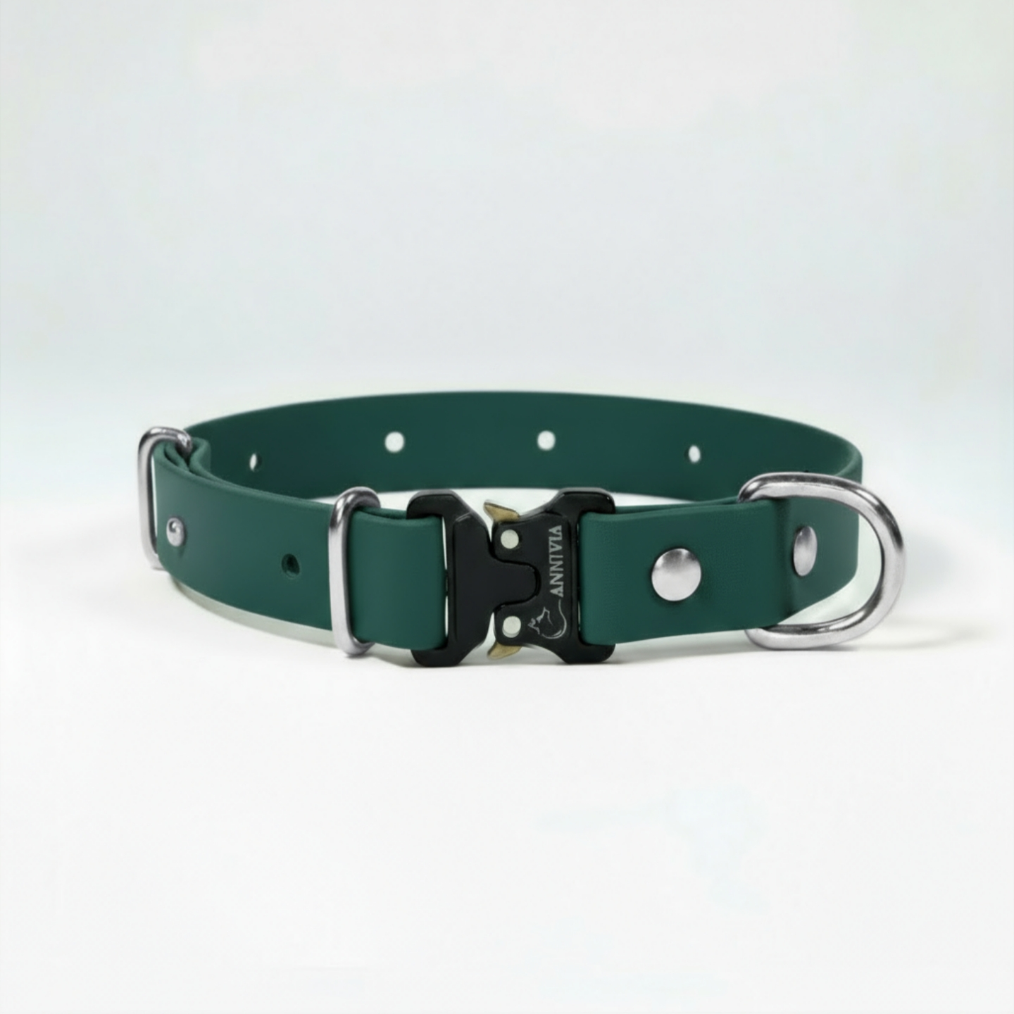 BioThane Elegance suņu kakla siksna - Dark Green ar sudraba detaļām