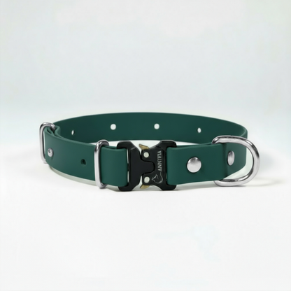 BioThane Elegance suņu kakla siksna - Dark Green ar sudraba detaļām