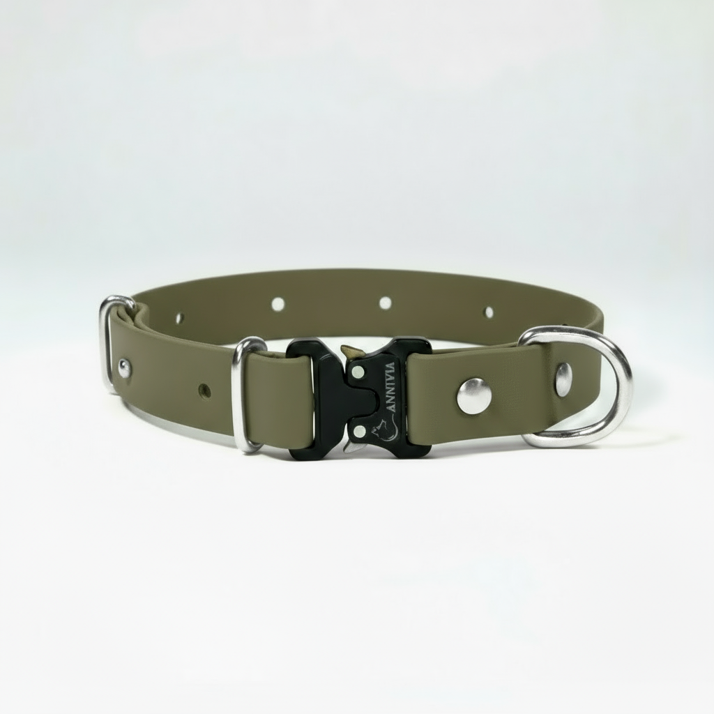 BioThane Elegance suņu kakla siksna - Military Olive ar sudraba detaļām