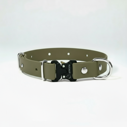 BioThane Elegance suņu kakla siksna - Military Olive ar sudraba detaļām