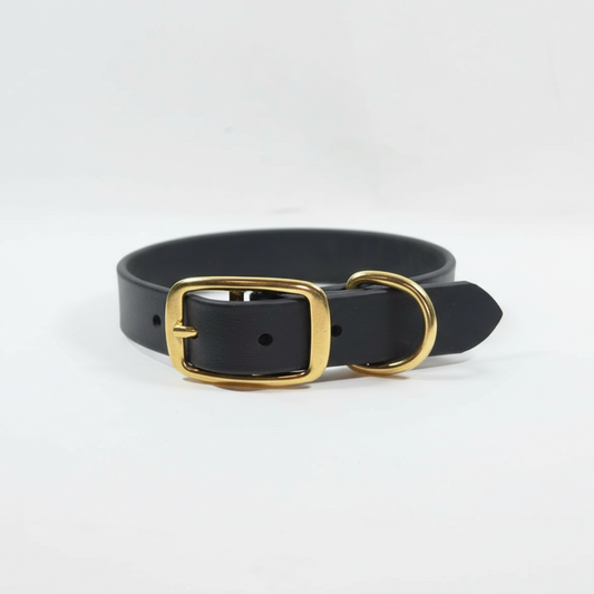 Melna BioThane suņu kakla siksna ar zelta sprādzi