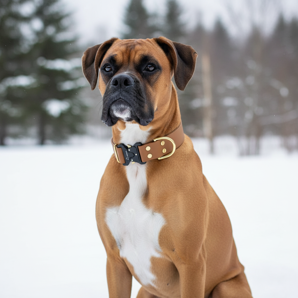 Bokseru šķirnes suns ar Annivia Elegance kakla siksnu