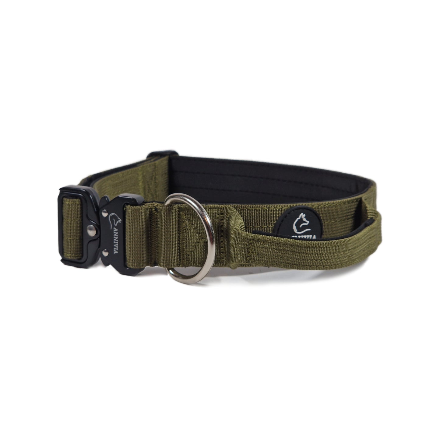 aktiskā suņu kakla siksna ar rokturi un neoprēna polsterējumu, armijas zaļa krāsa, 4 cm platums