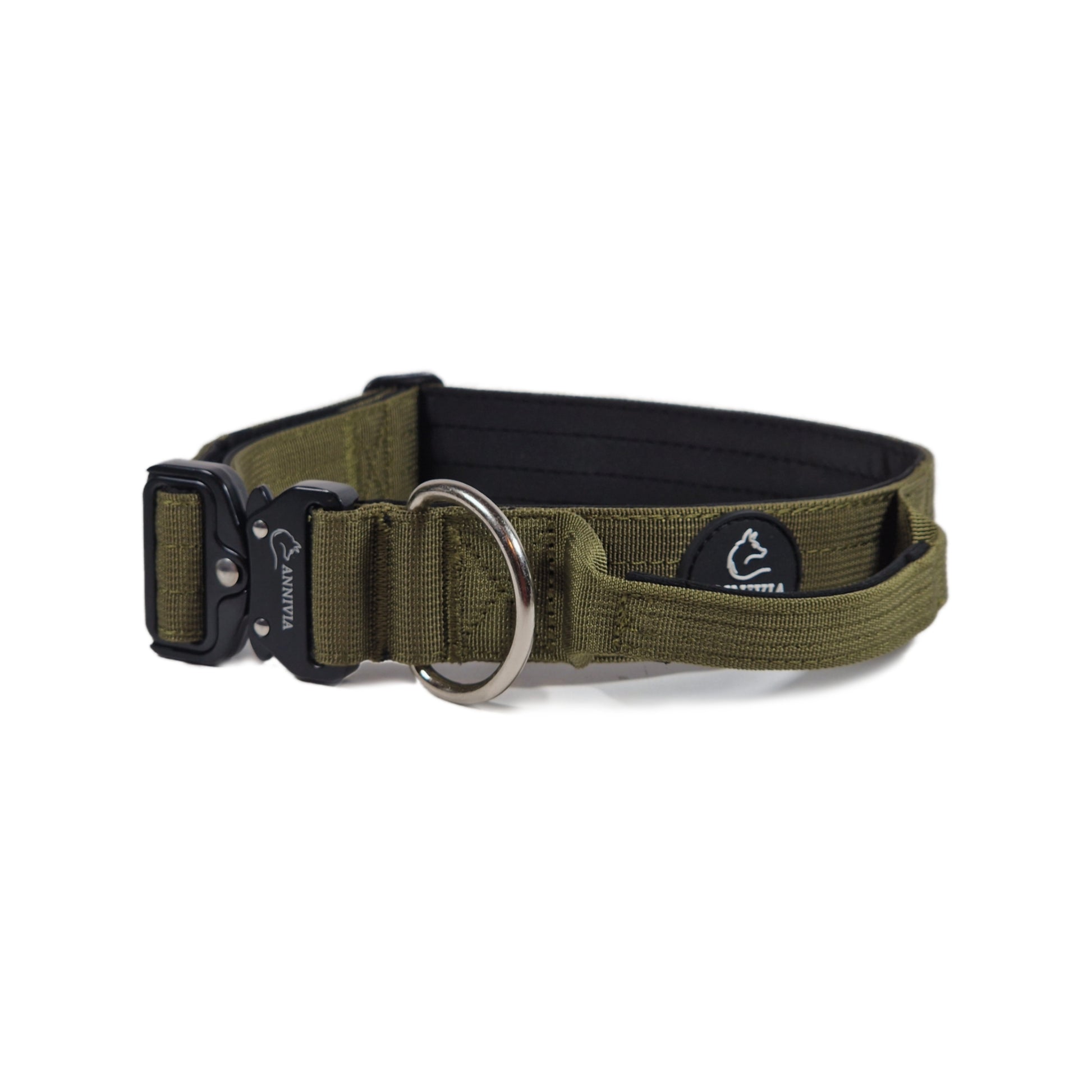 aktiskā suņu kakla siksna ar rokturi un neoprēna polsterējumu, armijas zaļa krāsa, 4 cm platums
