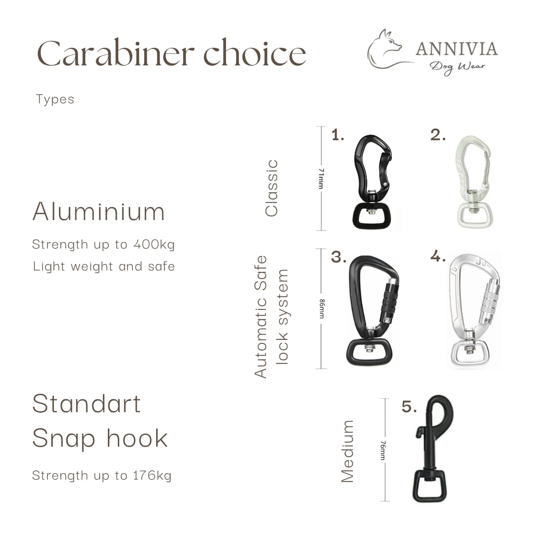 Annivia karabīņu izvēle suņu pavadām, dažādi stili
