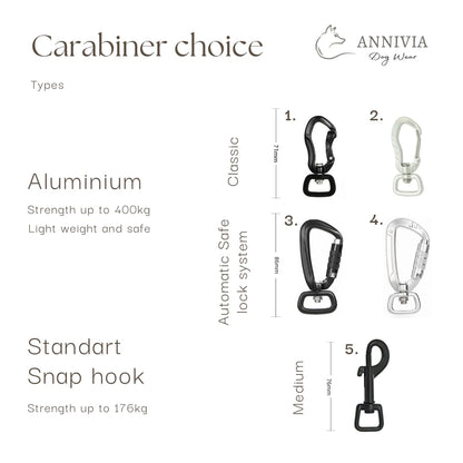 Annivia karabīņu izvēle suņu pavadām, dažādi stili
