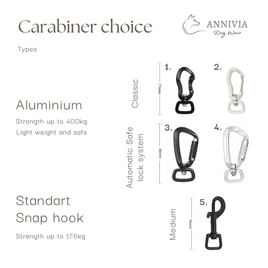 Annivia karabīņu izvēle suņu pavadām, dažādi stili
